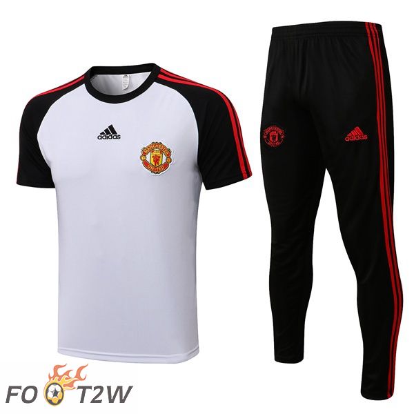 Ensemble Training T-Shirts Manchester United + Pantalon Blanc Noir 21/22