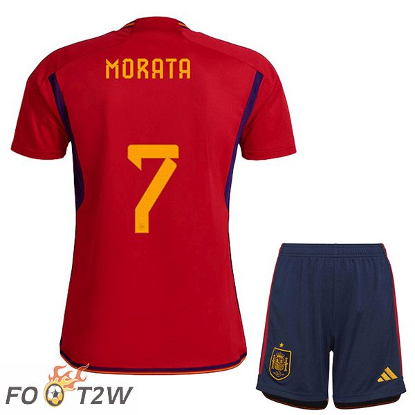 Maillots Equipe De Espagne (MORATA 7) Enfant Domicile Rouge Coupe du monde 2022