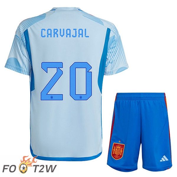 Maillots Equipe De Espagne (CARVAJAL 20) Enfant Exterieur Bleu Blanc Coupe du monde 2022