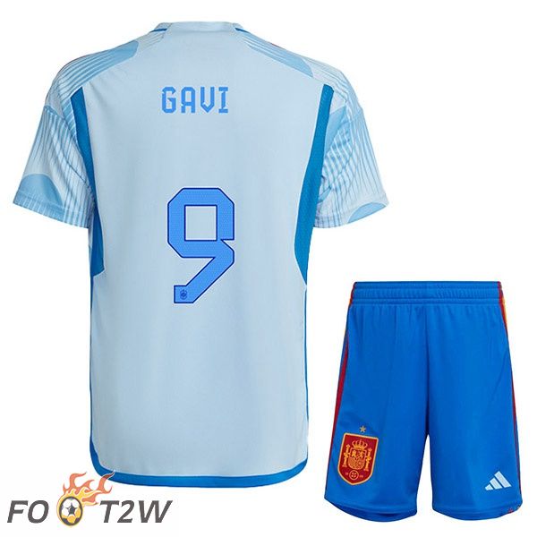 Maillots Equipe De Espagne (GAVI 9) Enfant Exterieur Bleu Blanc Coupe du monde 2022