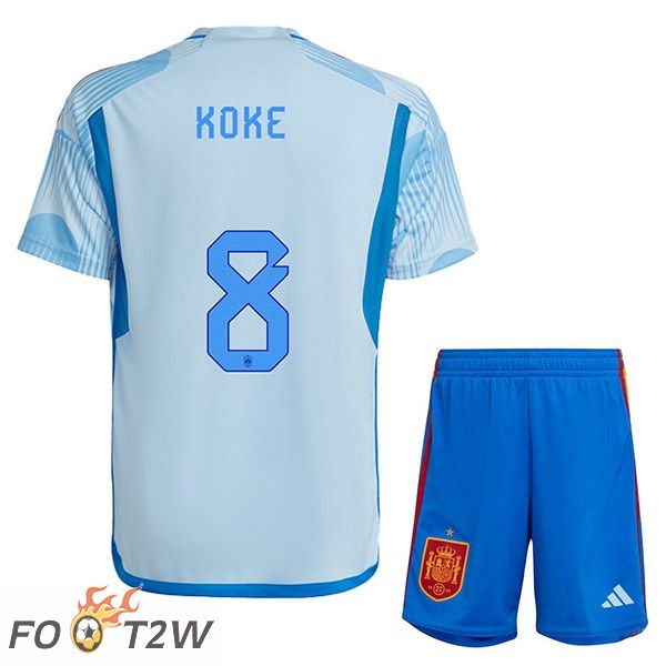 Maillots Equipe De Espagne (KOKE 8) Enfant Exterieur Bleu Blanc Coupe du monde 2022