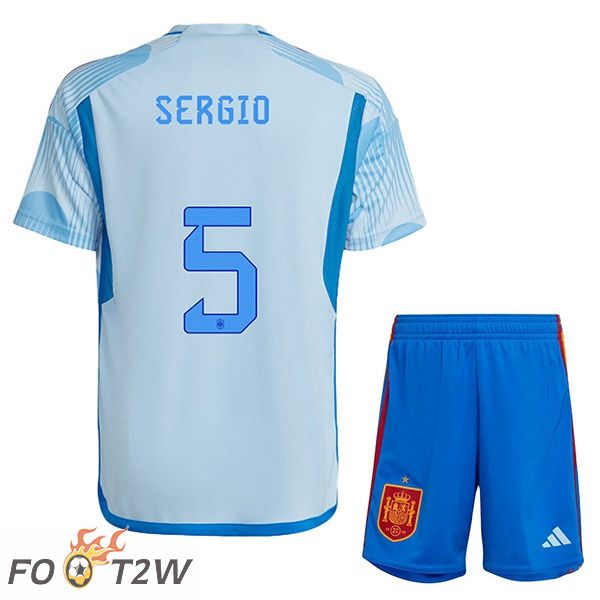 Maillots Equipe De Espagne (SERGIO 5) Enfant Exterieur Bleu Blanc Coupe du monde 2022