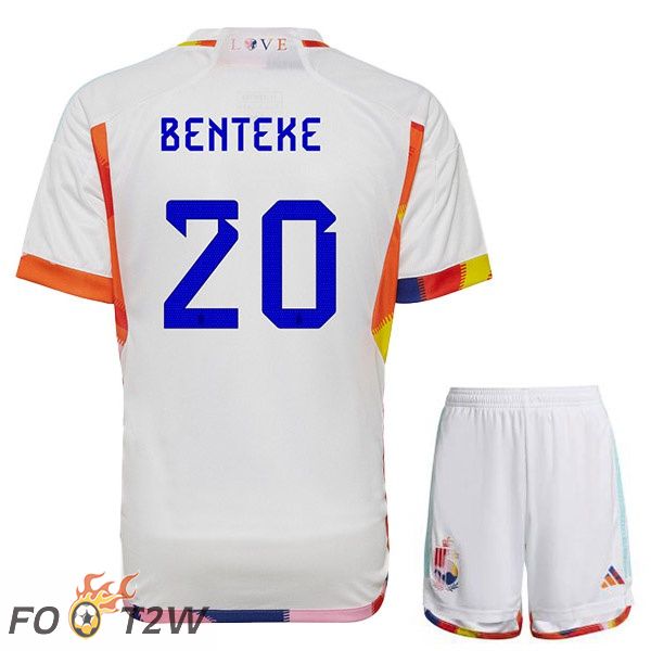 Maillots Equipe De Belgique (BENTEKE 20) Enfant Exterieur Blanc Coupe du monde 2022