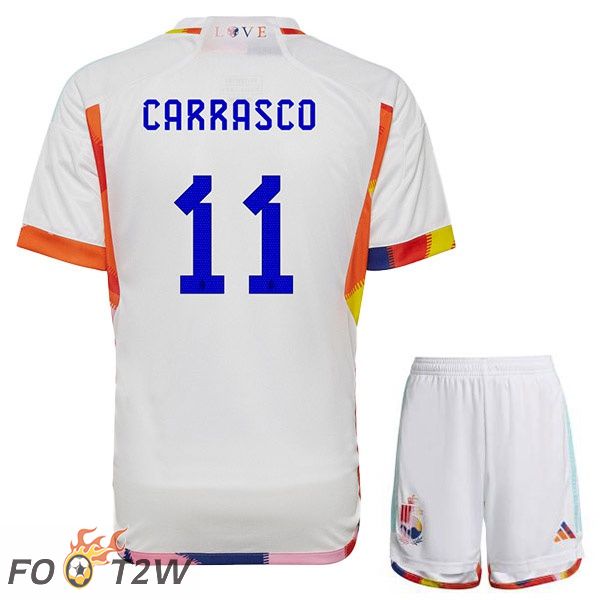 Maillots Equipe De Belgique (CARRASCO 11) Enfant Exterieur Blanc Coupe du monde 2022