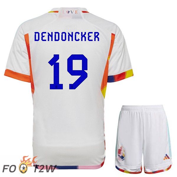 Maillots Equipe De Belgique (DENDONCKER 19) Enfant Exterieur Blanc Coupe du monde 2022