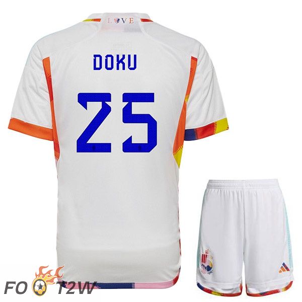 Maillots Equipe De Belgique (DOKU 25) Enfant Exterieur Blanc Coupe du monde 2022