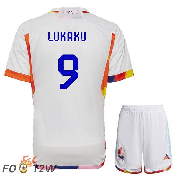 Maillots Equipe De Belgique (LUKAKU 9) Enfant Exterieur Blanc Coupe du monde 2022