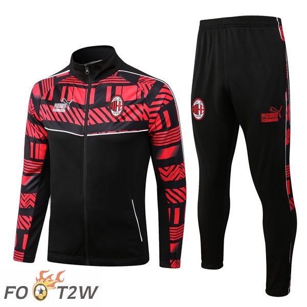 Ensemble Veste Survetement de Foot Milan AC Noir Rouge 22/23