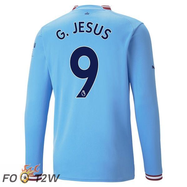 Maillot de Foot Manchester City (Gabriel Jesus 9) Domicile Manche Longue Bleu 2022/2023