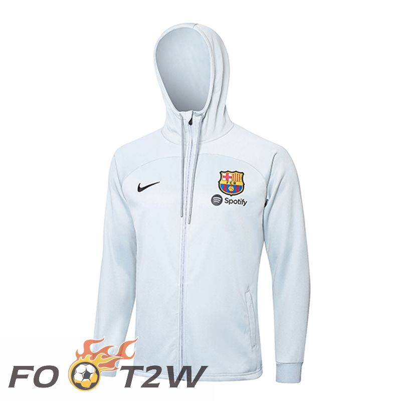 Ensemble Survetement Veste A Capuche Coupe-Vent FC Barcelone Gris Clair 2024/2025