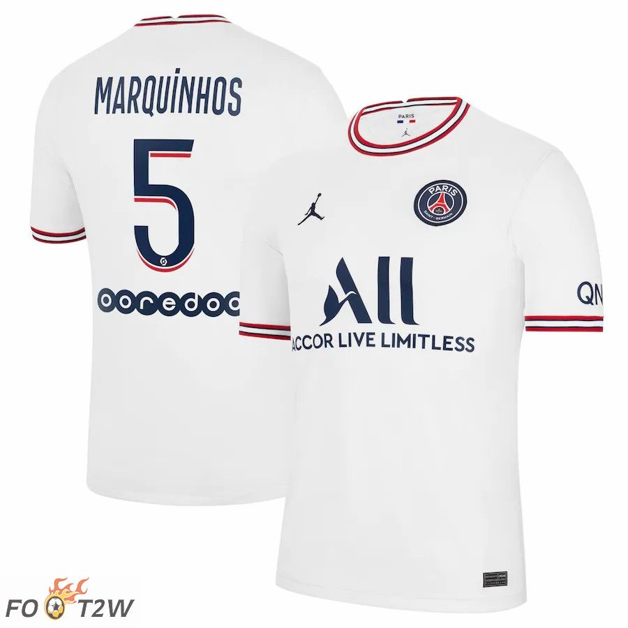 Maillot de Foot Jordan Paris PSG (Marquinhos 5) Femme Quatrieme Blanc 2021/2022