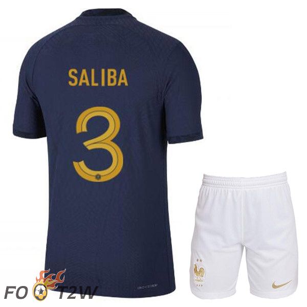 Maillots Equipe De France (SALIBA 3) Enfant Domicile Bleu Royal Coupe du monde 2022