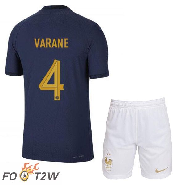 Maillots Equipe De France (VARANE 4) Enfant Domicile Bleu Royal Coupe du monde 2022