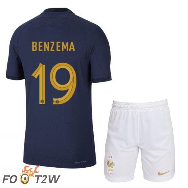 Maillots Equipe De France (BENZEMA 19) Enfant Domicile Bleu Royal Coupe du monde 2022