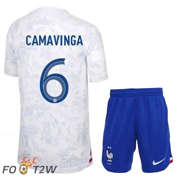 Maillots Equipe De France (CAMAVINGA 6) Enfant Exterieur Blanc Coupe du monde 2022