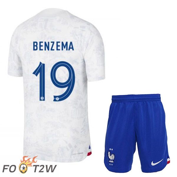 Maillots Equipe De France (BENZEMA 19) Enfant Exterieur Blanc Coupe du monde 2022