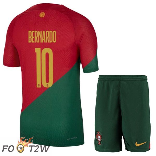 Maillots Equipe De Portugal (BERNARDO 10) Enfant Domicile Rouge Vert Coupe du monde 2022