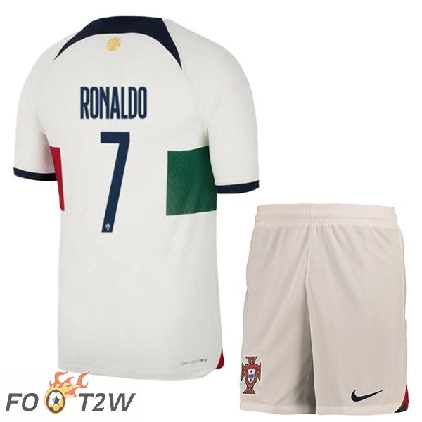 Maillots Equipe De Portugal (RONALDO 7) Enfant Exterieur Blanc Rouge Coupe du monde 2022