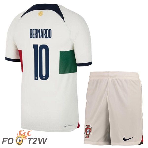 Maillots Equipe De Portugal (BERNARDO 10) Enfant Exterieur Blanc Rouge Coupe du monde 2022