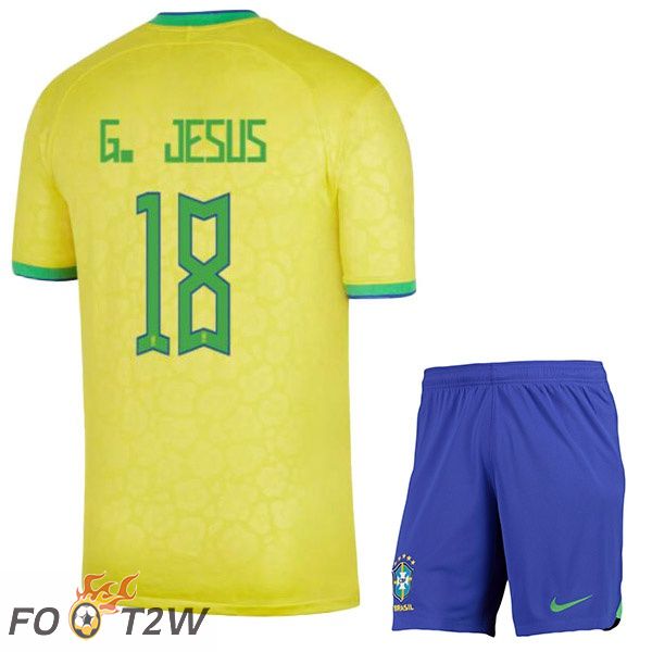 Maillots Equipe De Bresil (G. JESUS 18) Enfant Domicile Jaune Coupe du monde 2022