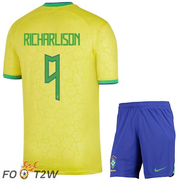 Maillots Equipe De Bresil (RICHARLISON 9) Enfant Domicile Jaune Coupe du monde 2022