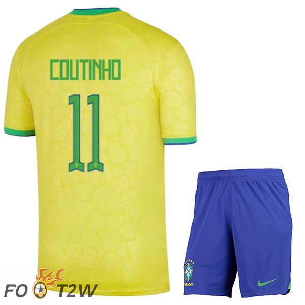 Maillots Equipe De Bresil (COUTINHO 11) Enfant Domicile Jaune Coupe du monde 2022