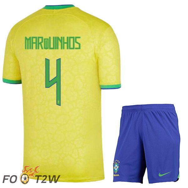 Maillots Equipe De Bresil (MARQUINHOS 4) Enfant Domicile Jaune Coupe du monde 2022