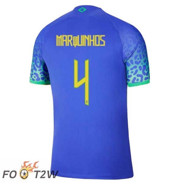 Maillots Equipe De Bresil (MARQUINHOS 4) Exterieur Bleu Coupe du monde 2022