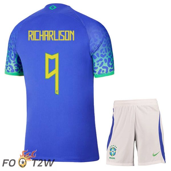 Maillots Equipe De Bresil (RICHARLISON 9) Enfant Exterieur Bleu Coupe du monde 2022