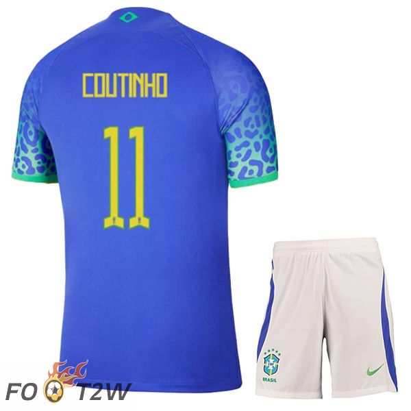 Maillots Equipe De Bresil (COUTINHO 11) Enfant Exterieur Bleu Coupe du monde 2022