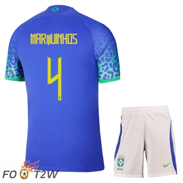 Maillots Equipe De Bresil (MARQUINHOS 4) Enfant Exterieur Bleu Coupe du monde 2022