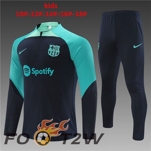 Ensemble Survetement De Foot FC Barcelone Enfant Bleu Royal Vert 2023/2024