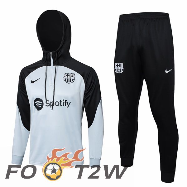 Ensemble Survetement De Foot A Capuche FC Barcelone Gris Noir 2023/2024