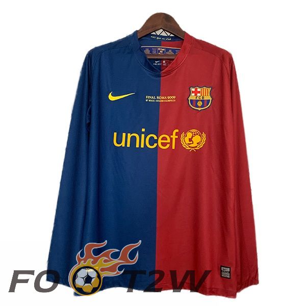 Maillot De Foot FC Barcelone Champions League Retro Domicile Manche Longue Rouge Bleu 2008-2009